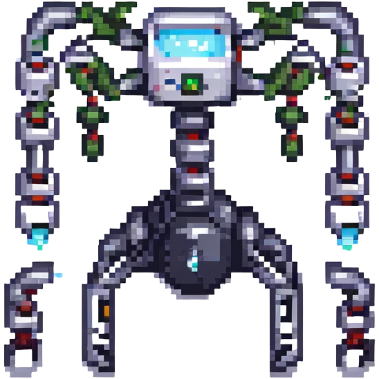conveyor with multi-armed manipulator, pixel art style, no background emoji
