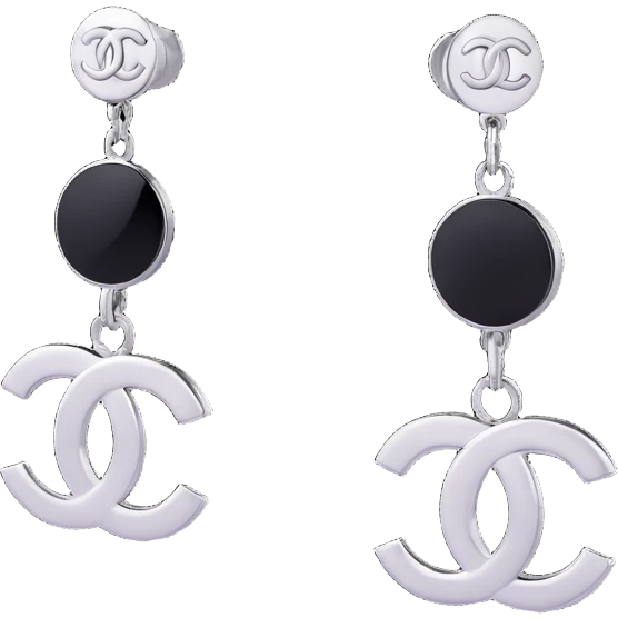 3D emoji-style minimalist Chanel logo earrings, silver and black, modern emoji