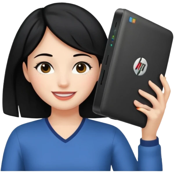 A girl is in front of an HP computer, holding it to her head, and her hair is black. emoji