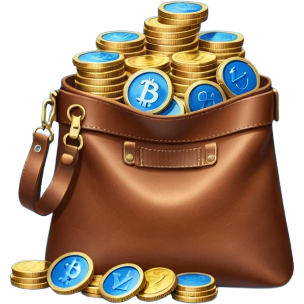 leather bag on top of blue coins stack emoji