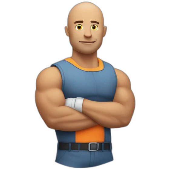 Bald muscular Man with a big round traffic sign in his hand which he uses as a shield emoji