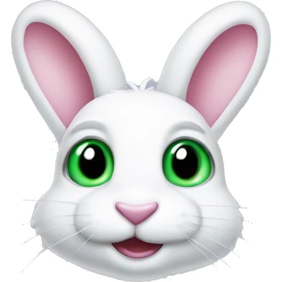 Milky white rabbit head smiling with blue eyes and green pupils, has an eyepatch on his right eye. pink nose emoji
