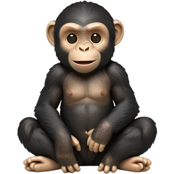 cinematic-cute chimpanzee-realistic-full-body-sitting-emoji,-long-powerful-arms-resting-on-its-knees,-expressive-dark-eyes-filled-with-intelligence-and-curiosity,-coarse-black-fur-textured-and-detailed,-softly-wrinkled-face-hinting-at-a-mischievous-smile,-slightly-open-mouth-showing-a-glimpse-of-teeth,-simplified-yet-realistic-focused-features,-highly-detailed,-glowing-with-a-warm-jungle-light

 emoji