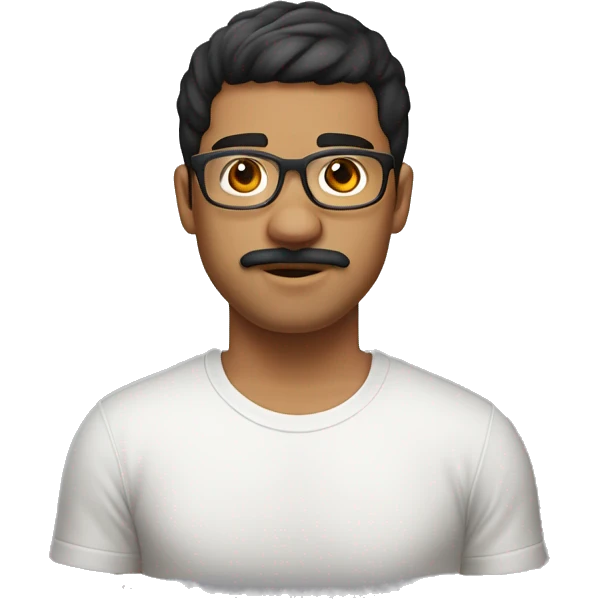 Latino man with mustache, 25 years old, weight 80 kilos.  with clear frame glasses and a short haircut with bangs, gold earrings and a white t-shirt. emoji