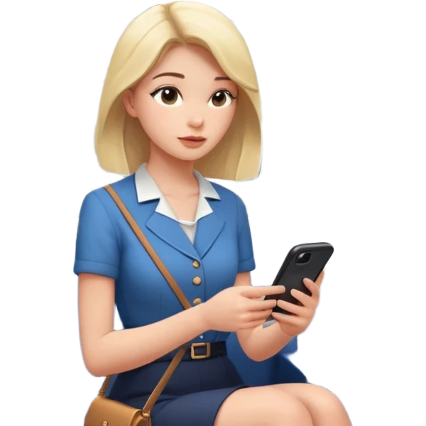 woman standing inside a modern train, holding a pole and looking at her phone. The interior is clean and minimal emoji