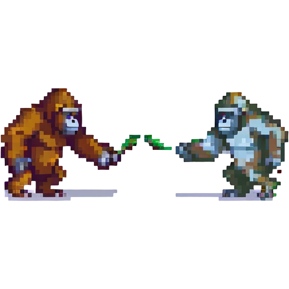 two gorillas chasing each other, pixel art style emoji