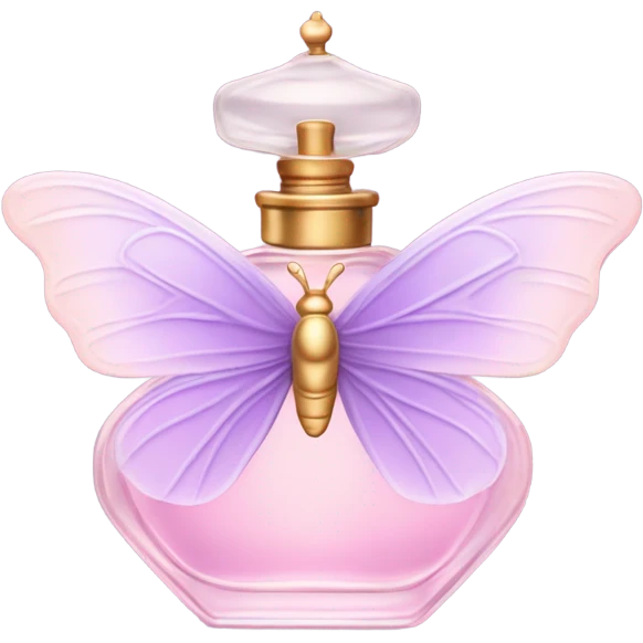A dreamy vintage perfume bottle in soft pastel pink, adorned with delicate violet butterfly wings. emoji