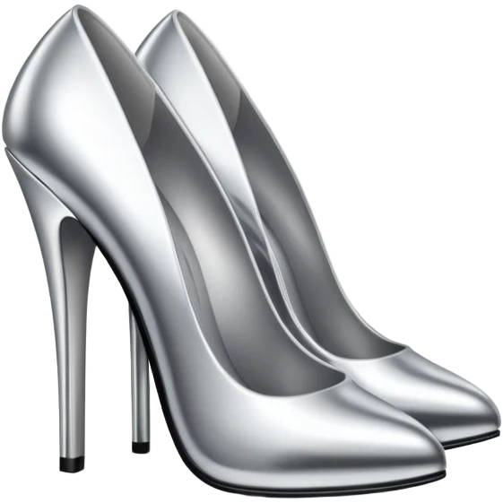 A pair of high heel shoes emoji made of polished silver chrome, elegant sharp silhouette, smooth metallic surface, glossy reflections, luxury sexy vibe, minimalistic iOS emoji style, centered, clean white background emoji