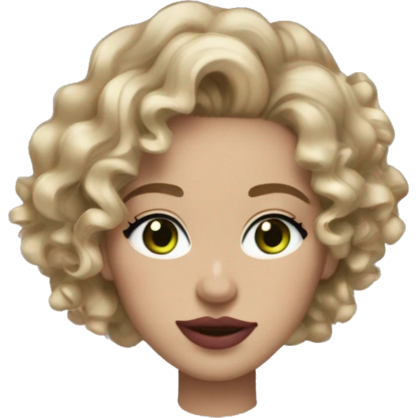 White dark blonde wavy curly ish hair with grey green eyes thin pink blush mascara and red lips and slight freckles on nose with gold hoop earrings emoji emoji