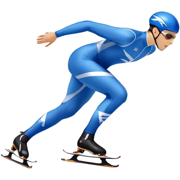 An icon showing a speed skater gliding on a professional oval ice track, captured in mid-motion with aerodynamic posture and sleek skates. The background features snowy mountains, flags, and a clear blue sky. Transparent background reflects the speed and elegance of the sport. emoji