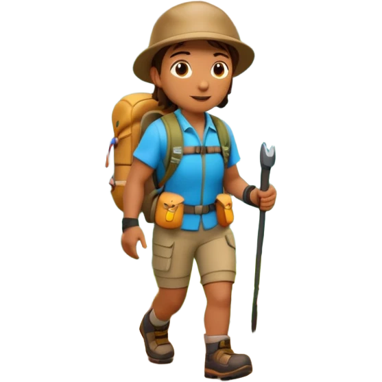 A 3D cartoon hiker walking on a forest trail with flowers and mountains in the distance, bright daylight, Memoji-style. emoji