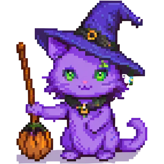 purple witch cat with a broom emoji