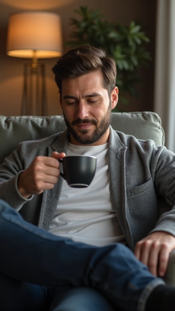 Uomo adulto in abiti casual in un ambiente domestico o ufficio tranquillo, mentre beve un caffè espresso con espressione consapevole. Subito dopo, si sdraia su un divano per un breve riposo di 20 minuti, occhi chiusi, posizione rilassata.  emoji
