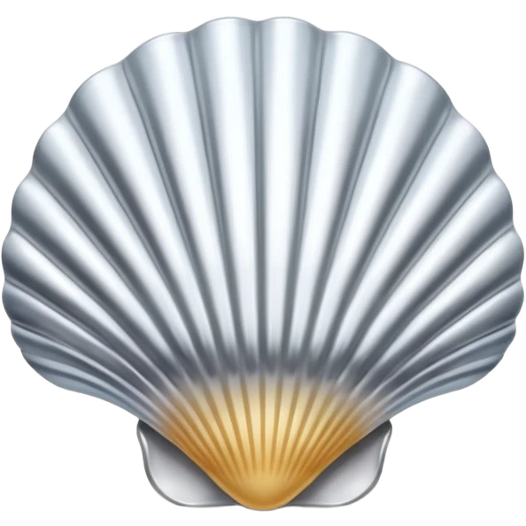 A seashell emoji made of polished silver chrome, smooth curved surface, reflective metallic highlights, elegant minimal design, iOS emoji style, centered, clean white background, soft lighting emoji