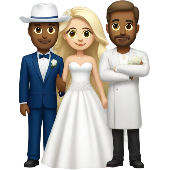Puerto rican beard short hair with blue hat and navy blue suit getting Married with blond long hair girl with white  wedding dress  emoji