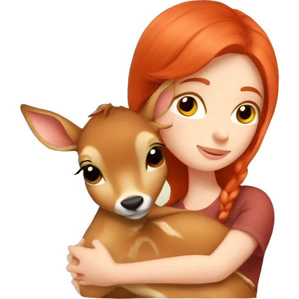 A red hair Girl cuddle a little fawn emoji