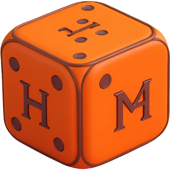 single dice, 3D, Hermès orange color with brown camel leather trim, elegant, no text emoji