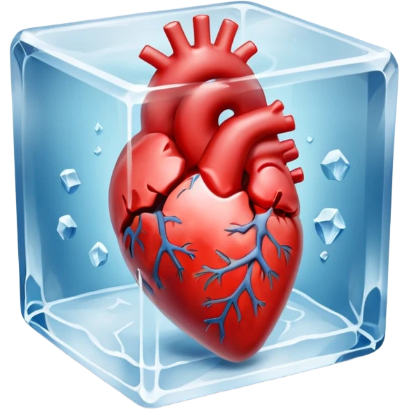 An artistic depiction of a human heart frozen in time, encased in a crystal-clear ice cube, symbolizing emotional coldness and isolation, cinematic lighting, high detail emoji