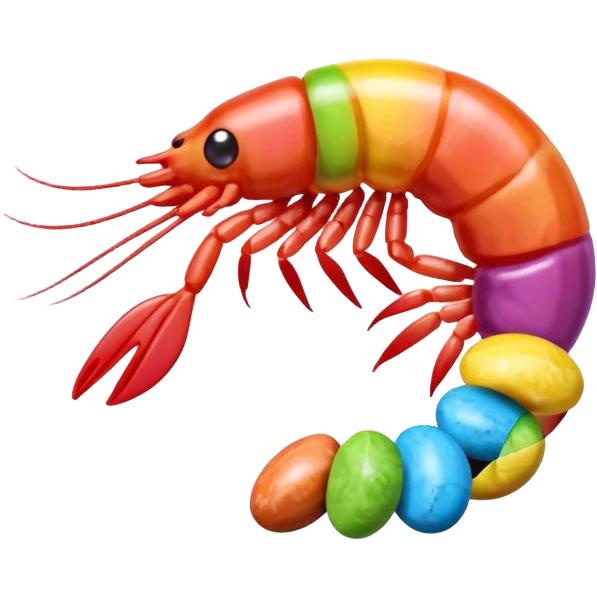 Shrimp made from candy like smarties, skittles, mars bar, nerds colorful emoji