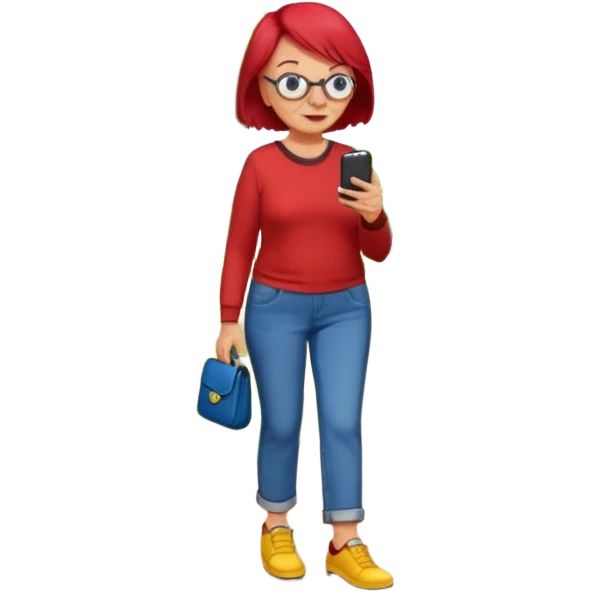 An old lady with red hair, wearing a red shirt, blue jeans, yellow shoes walking in a park holding a cell phone with a text bubble that says Have you checked in to the meetup? emoji
