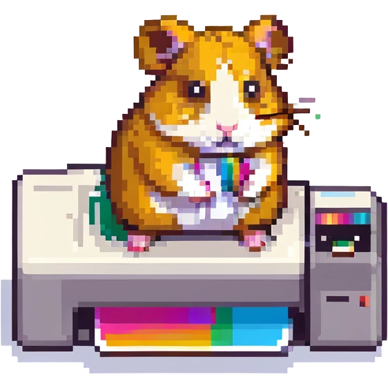 pixel art of a hamster standing on a colorful inkjet printer emoji