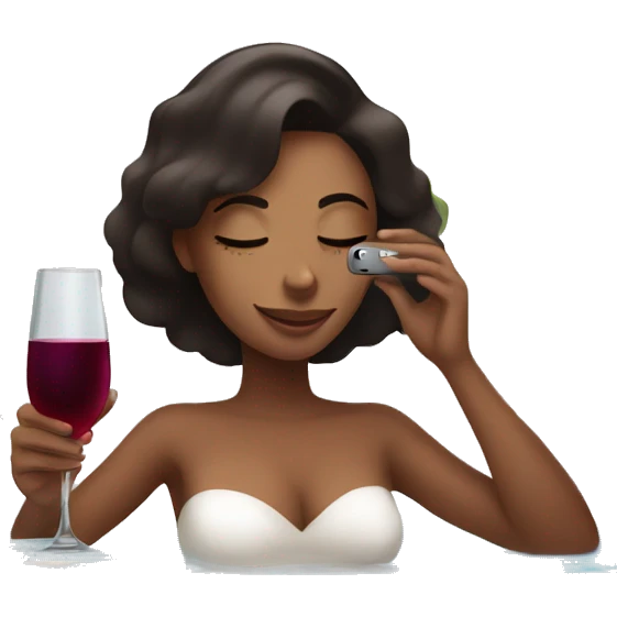 Girl relaxing in spa with iPhone in hand and wine next to her emoji