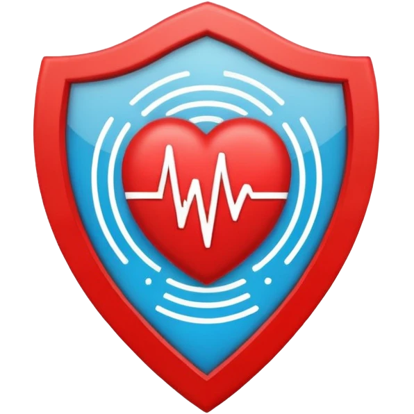 Health monitoring icon, heart inside shield, signal waves, emoji style, modern clinic branding emoji
