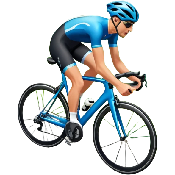 An icon featuring a sleek road bicycle with aerodynamic wheels on a winding mountain road. The background showcases a stunning landscape with rolling green hills, a bright blue sky, and distant peaks. Sunlight casts dynamic shadows, emphasizing motion and speed. Transparent background. emoji