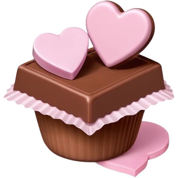 Two square milk chocolate pralines only, Each praline is a sharp-edged cube with smooth glossy chocolate coating, placed in a small white fluted paper candy cup. On top of each cube is a flat pastel pink heart-shaped icing, thin and smooth, slightly translucent, with fine sugar crystal sparkle. emoji
