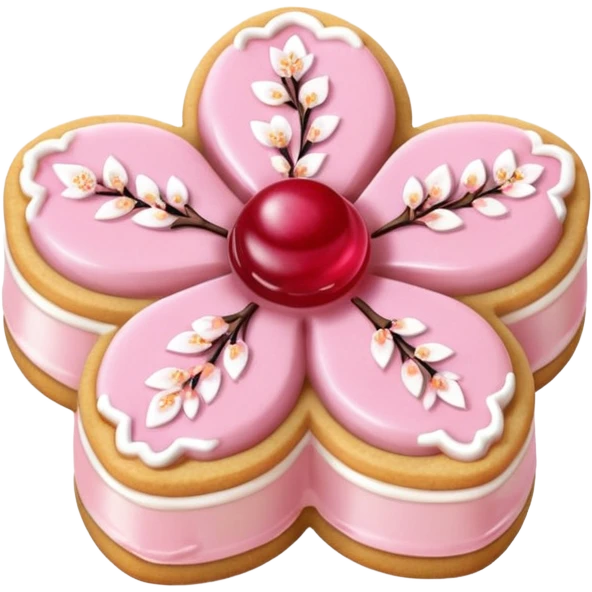 Realistic shortbread cookie in the shape of a cherry blossom with pale pink color jelly middle filling and sprinkled powder sugar on top. emoji