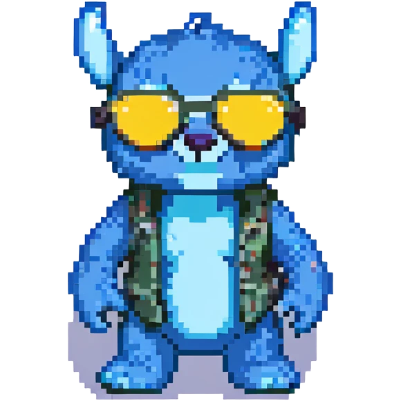 Stitch from Lilo & Stitch, pixel art style, wearing sunglasses, cool pose emoji