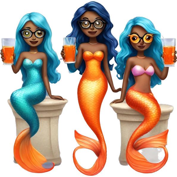 Three beautiful mermaids with glasses and drinking aperol emoji