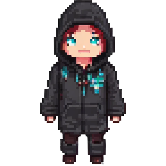Extract and isolate the character in the black hooded outfit, preserving the original Minecraft pixel art style, colors, and transparent background. emoji