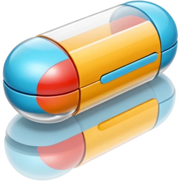 A single 3D cartoon capsule lying on a reflective surface, split color design, detailed shine, simple lighting, realistic Memoji-style. emoji