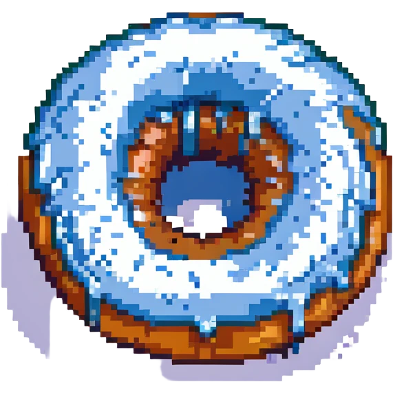 Make the donut's face look exhausted (not sad), and have the white creme dripping out of the donut hole. Keep the pixel art style, preserve transparency. emoji