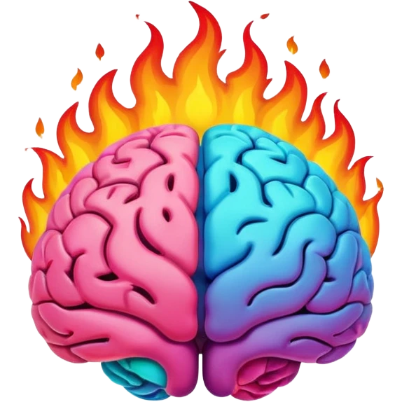 minimal emoji of a brain with colorful flames rising from it, representing creativity and passion, bright vivid palette small and clear for emoji use emoji