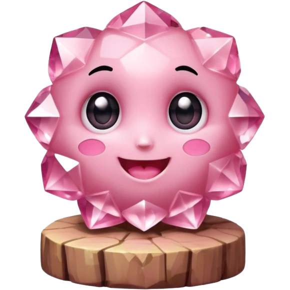A single cute pink crystal cluster character, chunky round base with many tall rose-pink crystal quartz cluster, faceted and slightly imperfect, on the front of the base a kawaii face with big shiny eyes and a happy open smile very shiny emoji