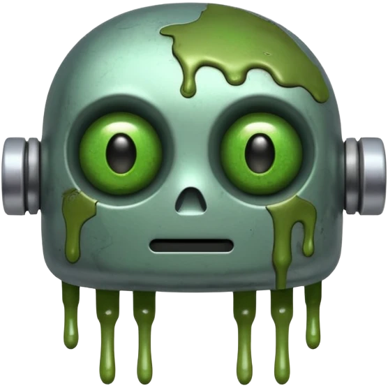 make a tired old melting robot emoji, covered in green sludge, 2d, make the eyes melting emoji