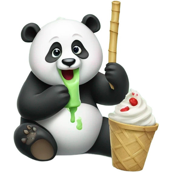 Panda eating ice cream with bamboo in the ice cream emoji