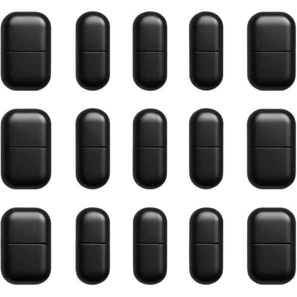 Minimalistic futuristic black medicine pills pack emoji, metallic black and white, reflective sleek surfaces, flat vector design, high-tech clean UI icon emoji