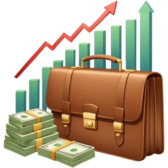 An icon showing a briefcase, a stack of money, and a graph with upward growth, representing business and entrepreneurship. The design highlights innovation, investment, and success in the world of startups and corporate ventures. Transparent background emphasizes the dynamic nature of business. emoji