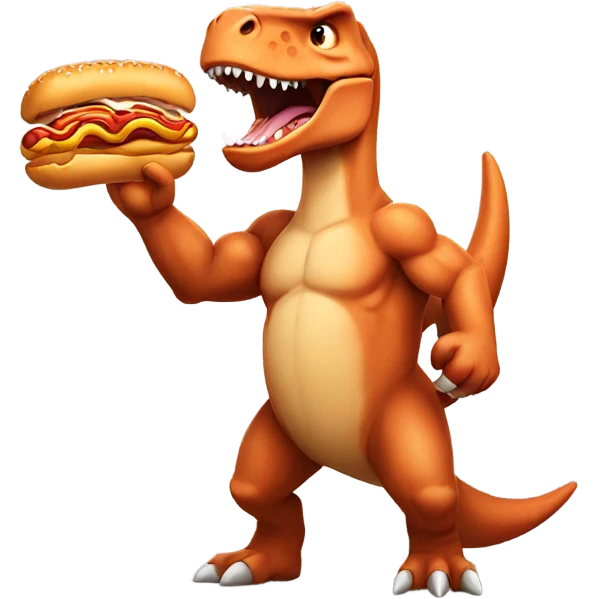 Dinosaur with a hotdog and large muscles emoji