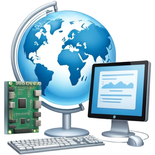 An icon featuring a computer monitor displaying code, a globe with network nodes, and a circuit board, symbolizing IT. The design includes data streams, cloud storage, and a keyboard, representing digital innovation, connectivity, and problem-solving. Transparent background emoji