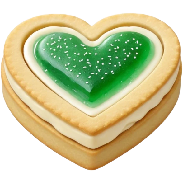 Realistic shortbread cookie in the shape of a heart with mint jelly middle filling and sprinkled powder sugar on top. emoji