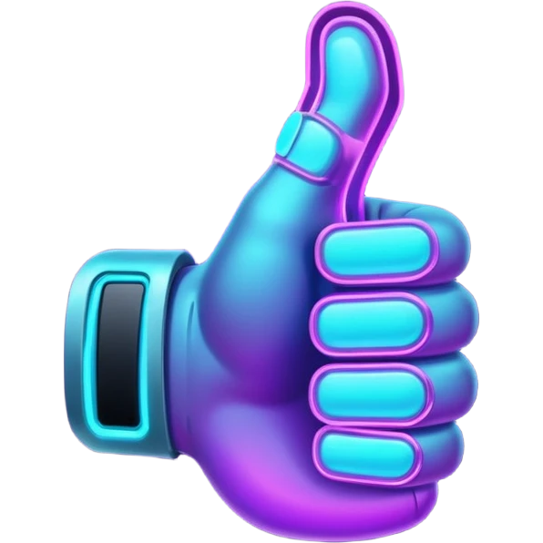 futuristic glowing thumbs up, neon purple and cyan light, dark background, digital tech style emoji