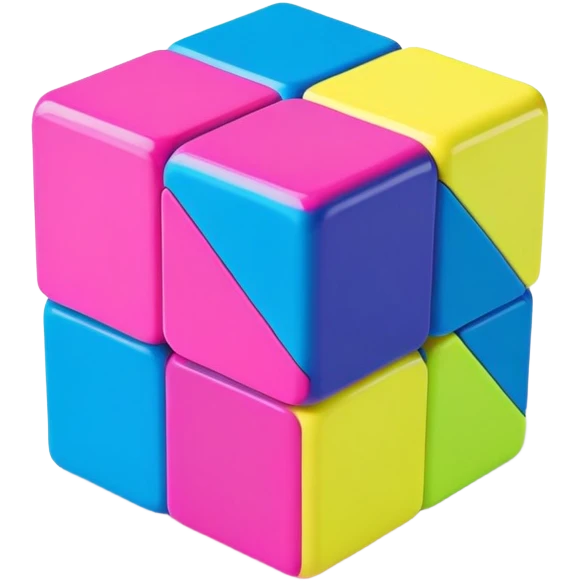A 3x3 Rubik's Cube with bright 90s American colors, neon pink, electric blue, neon green, vibrant yellow, and purple, minimalist design emoji
