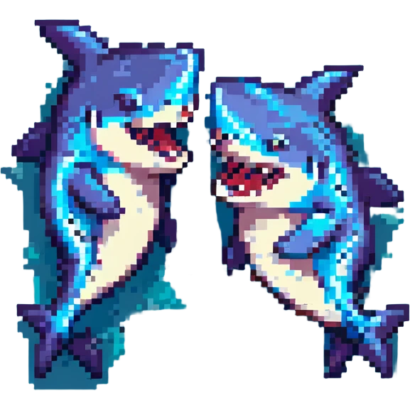 two sharks hugging, pixel art style emoji