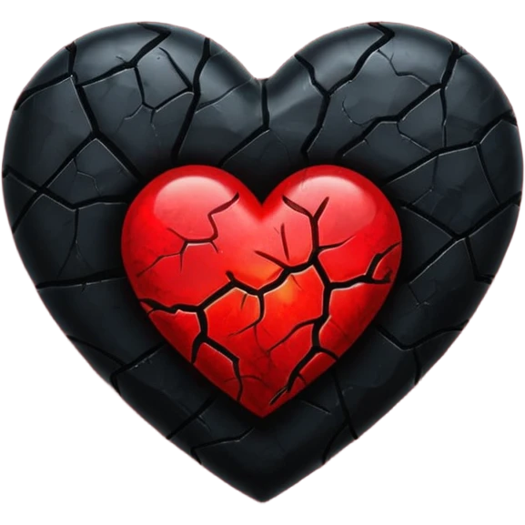 iOS style emoji, dark fantasy heart, black cracked heart, red inner glow, glossy emoji