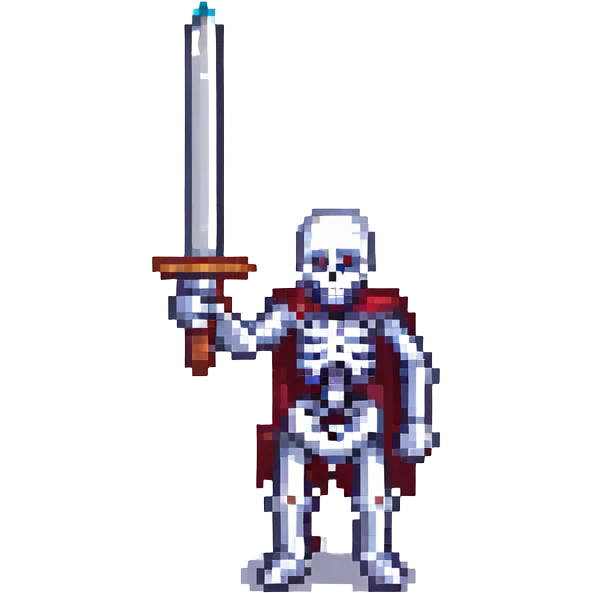 skeleton holding a sword, pixel art style emoji