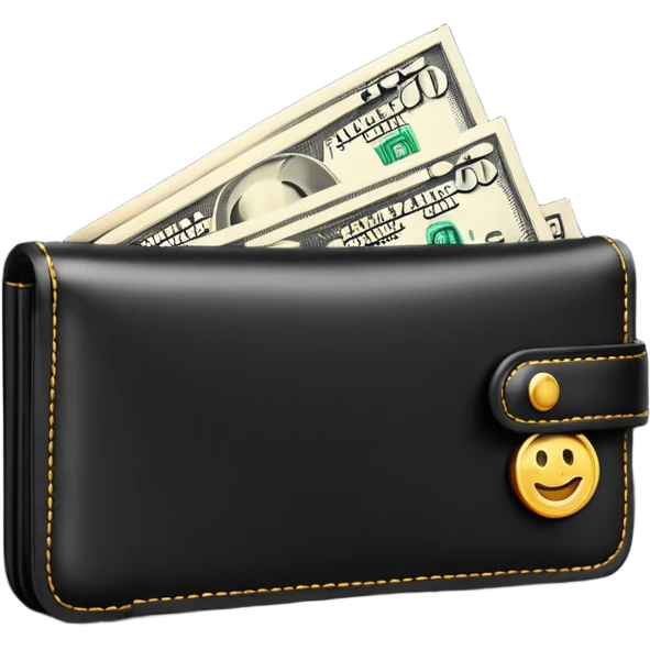 Rich emoji style black leather wallet with dollar bills, luxury money vibe, premium 3D emoji, ultra clean, high detail, no background
 emoji